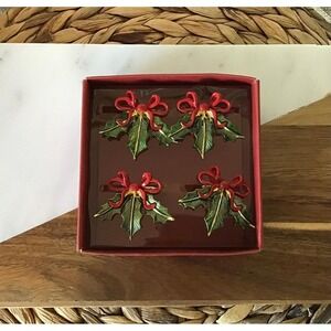 Lenox Christmas Holly Berry Napkin Rings (4) Red Bow Gold Tone Enamel Holiday